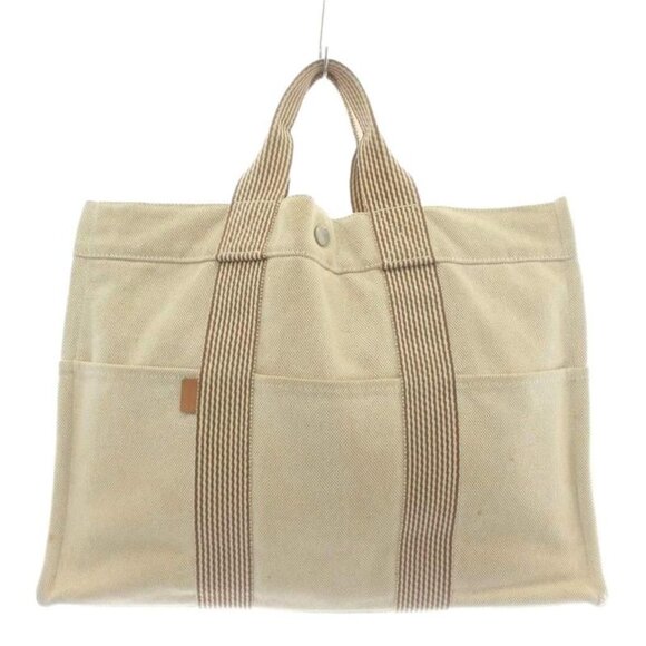 Hermes Fourre Tout MM Tote Bag Hand Canvas Striped Beige Brown Xz Oh Gy11